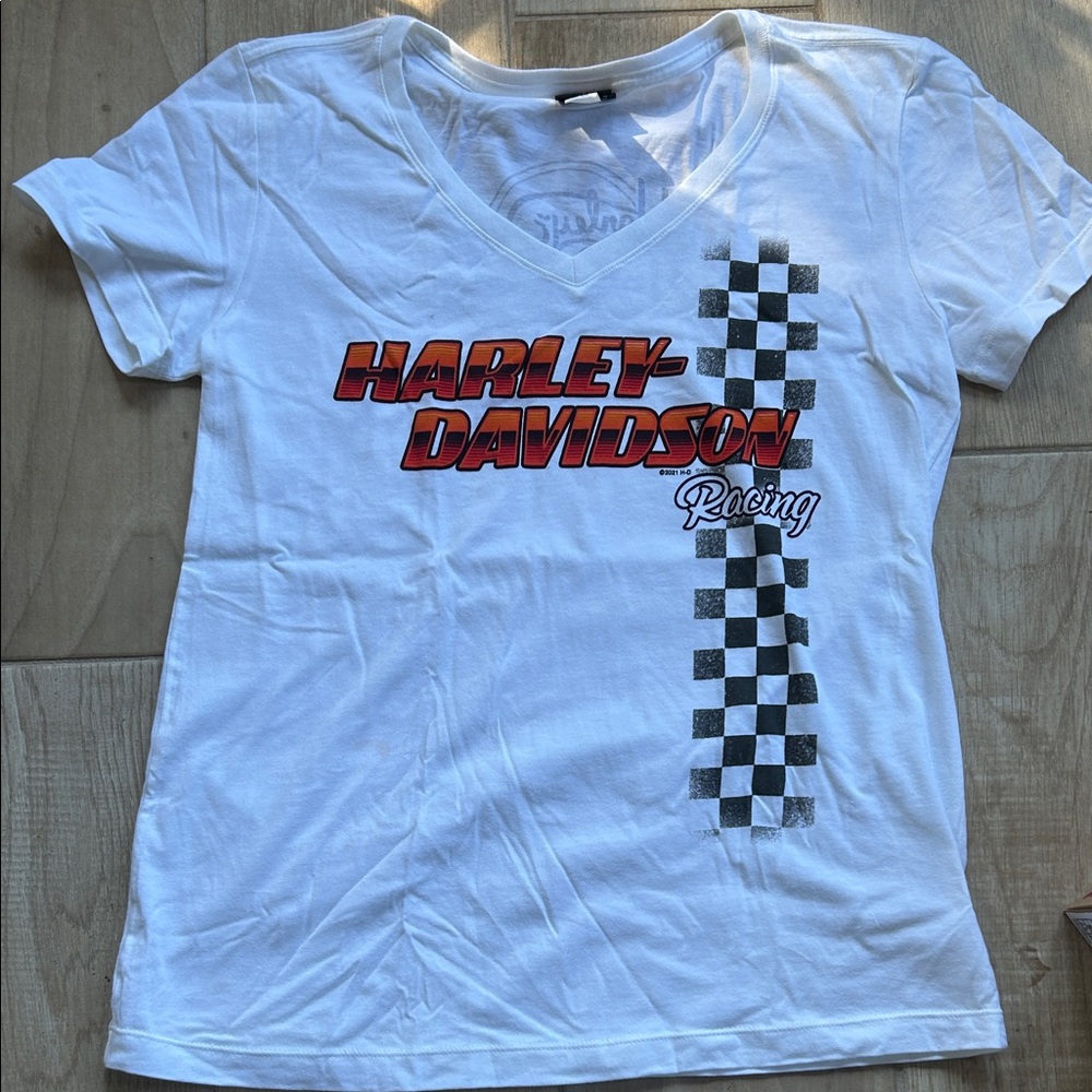 Harley-Davidson White Racing Tee with Checkered Design